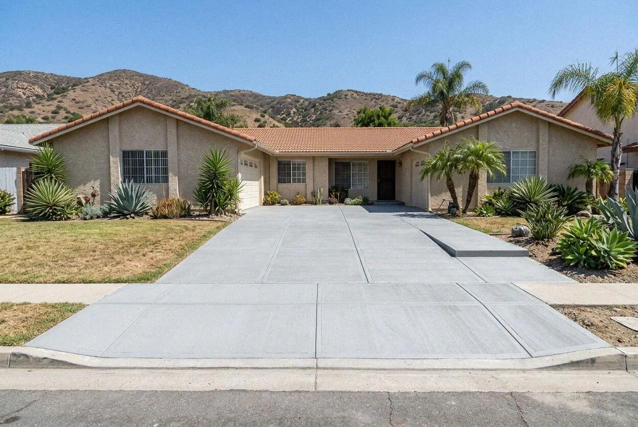 Finished concrete driveway at a 1950s Eastside ranch house in Costa Mesa