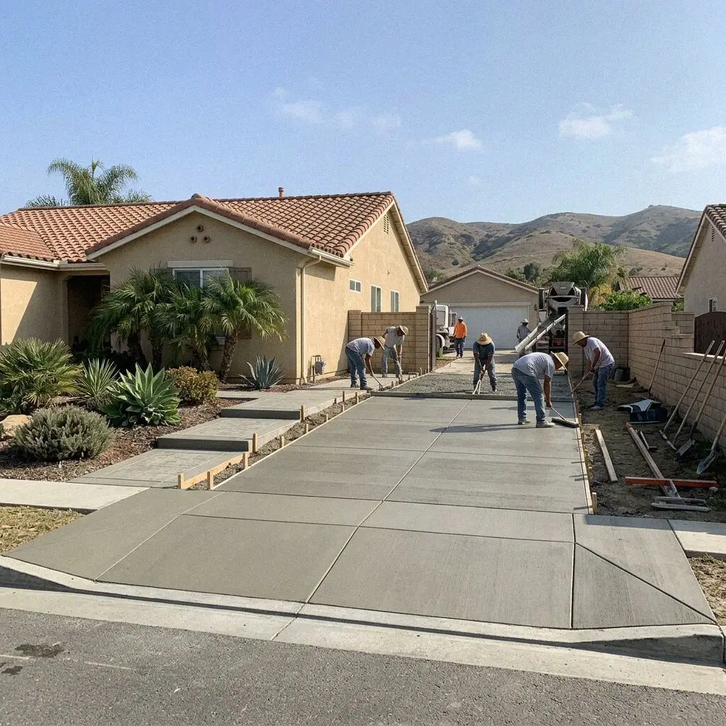 Concrete crew pouring a driveway at an Eastside Costa Mesa ranch house