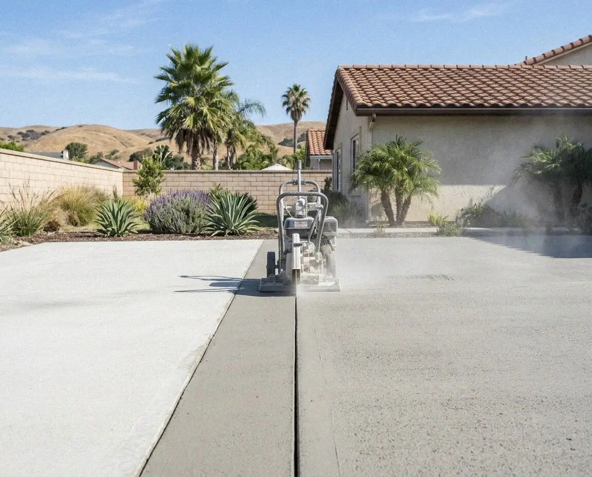 Walk-behind saw cutting a straight joint in a Costa Mesa slab