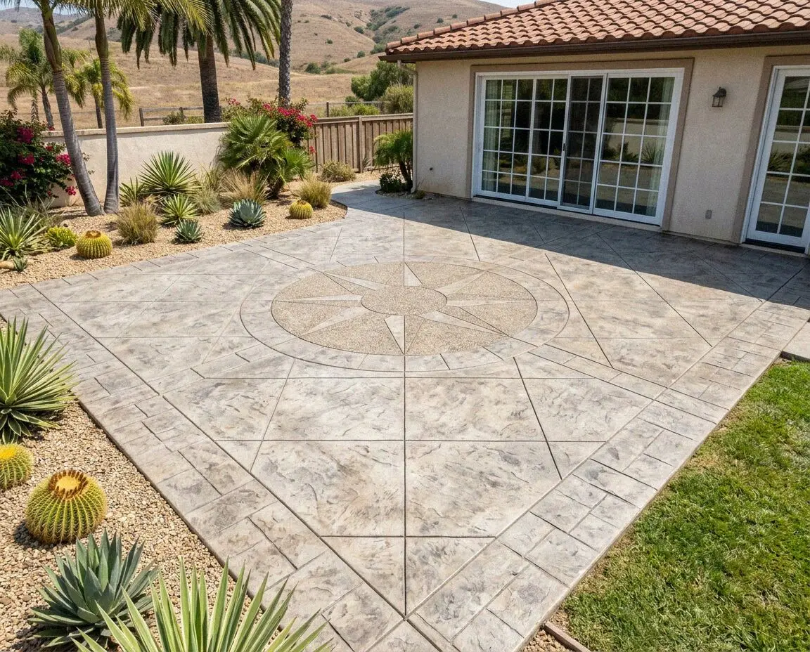 New broom-finish concrete patio behind a Costa Mesa ranch house
