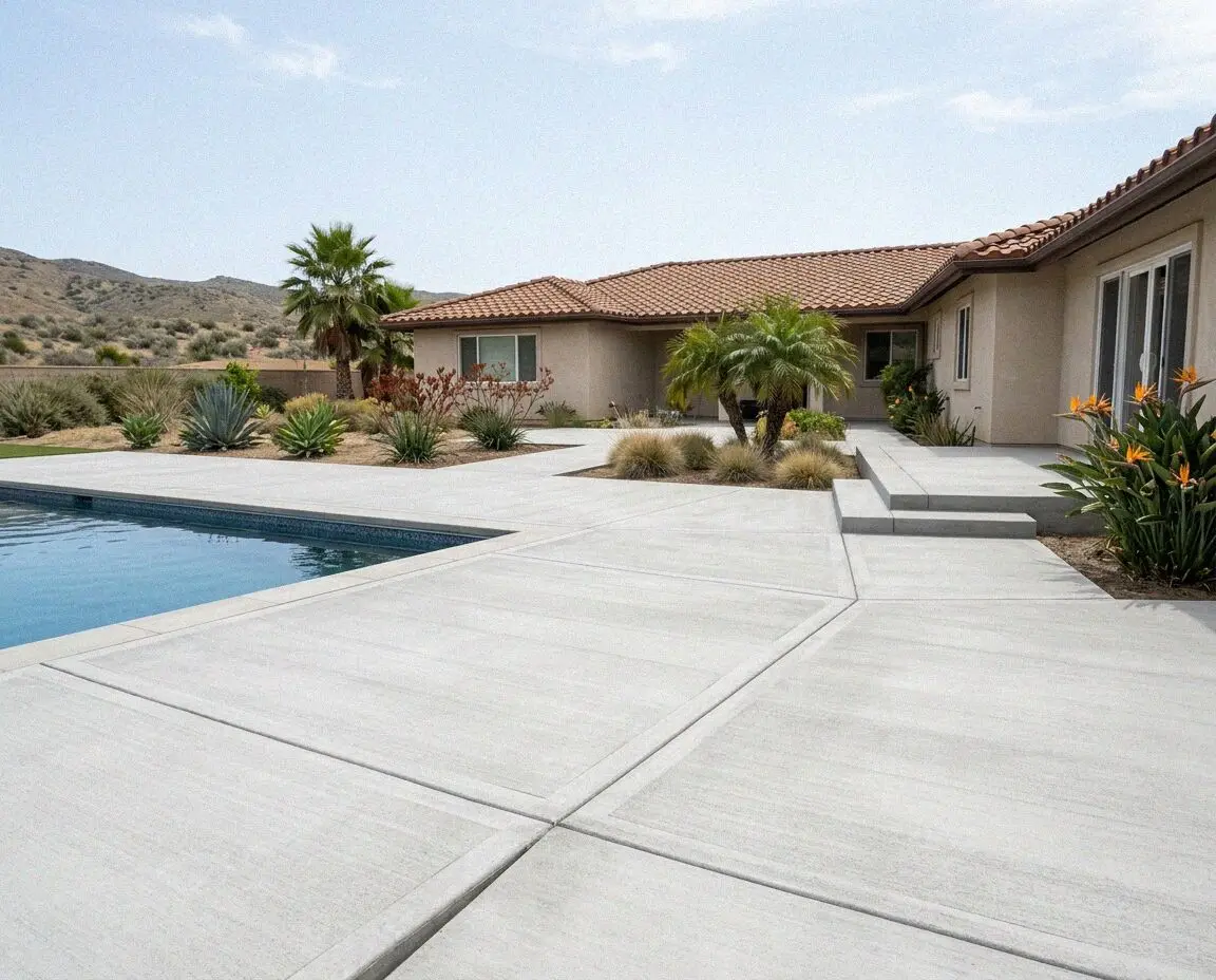 New broom-finish concrete pool deck beside a Costa Mesa backyard pool