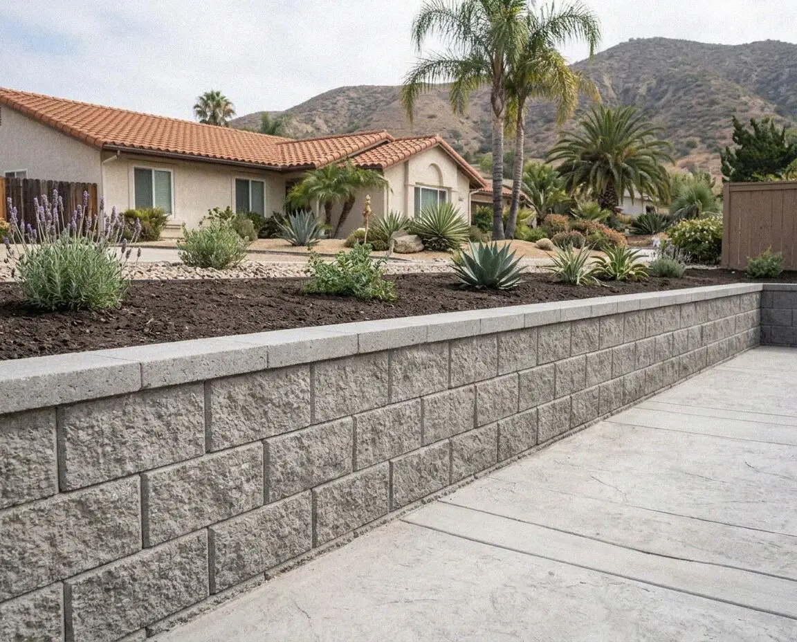 Poured concrete retaining wall holding a raised bed in Costa Mesa