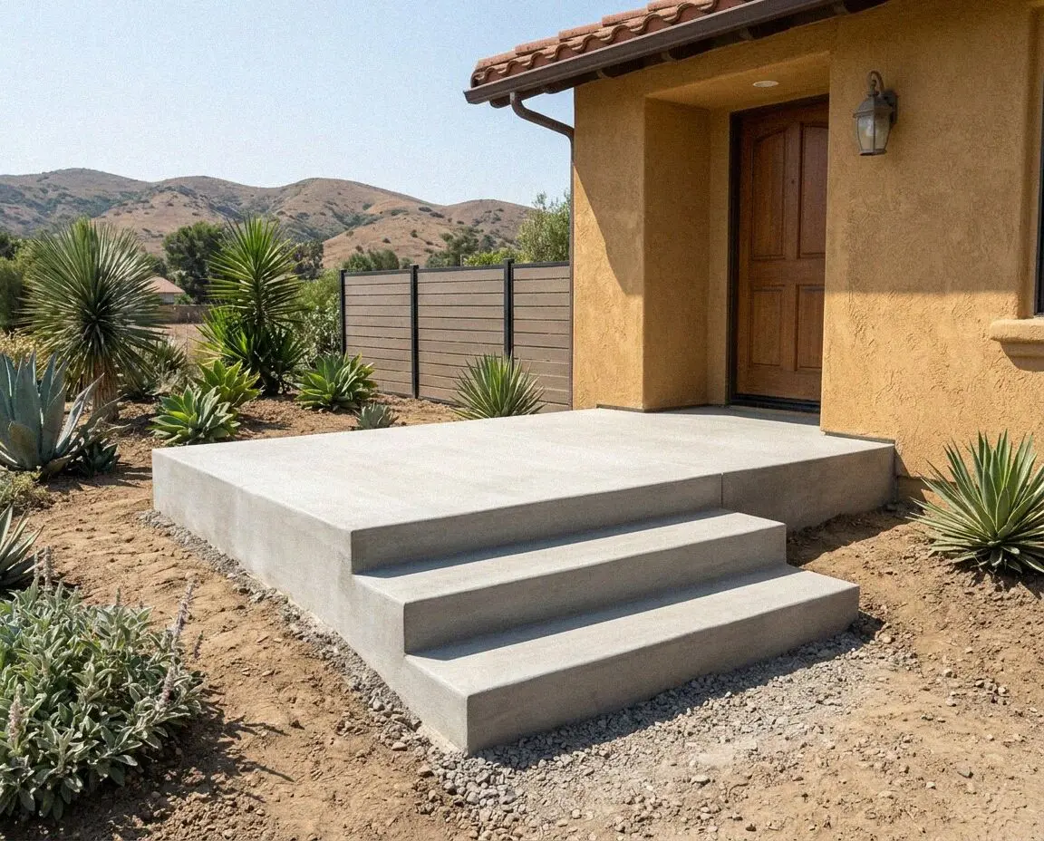 New concrete entry steps with broomed treads at a Costa Mesa ranch house