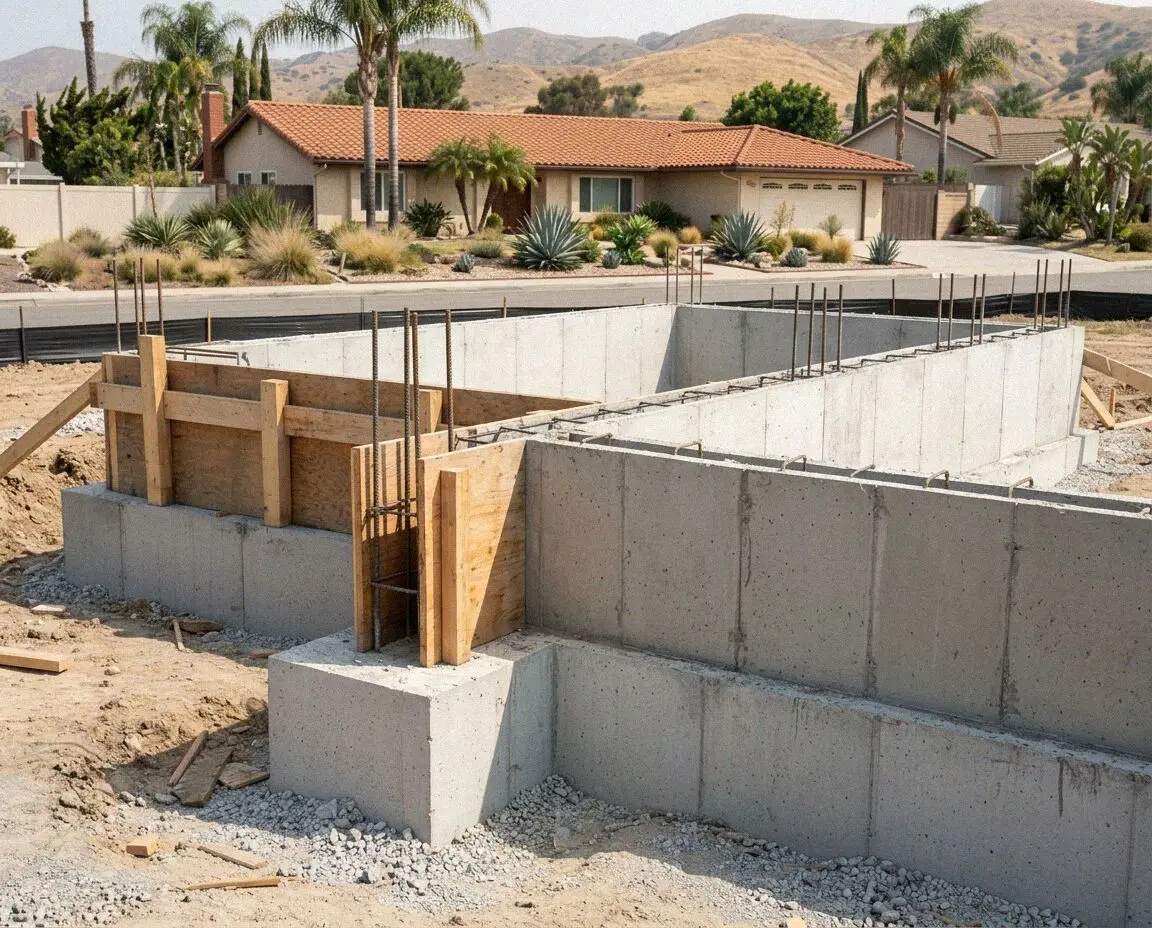 Poured stem walls with vertical rebar on a cleared Costa Mesa lot