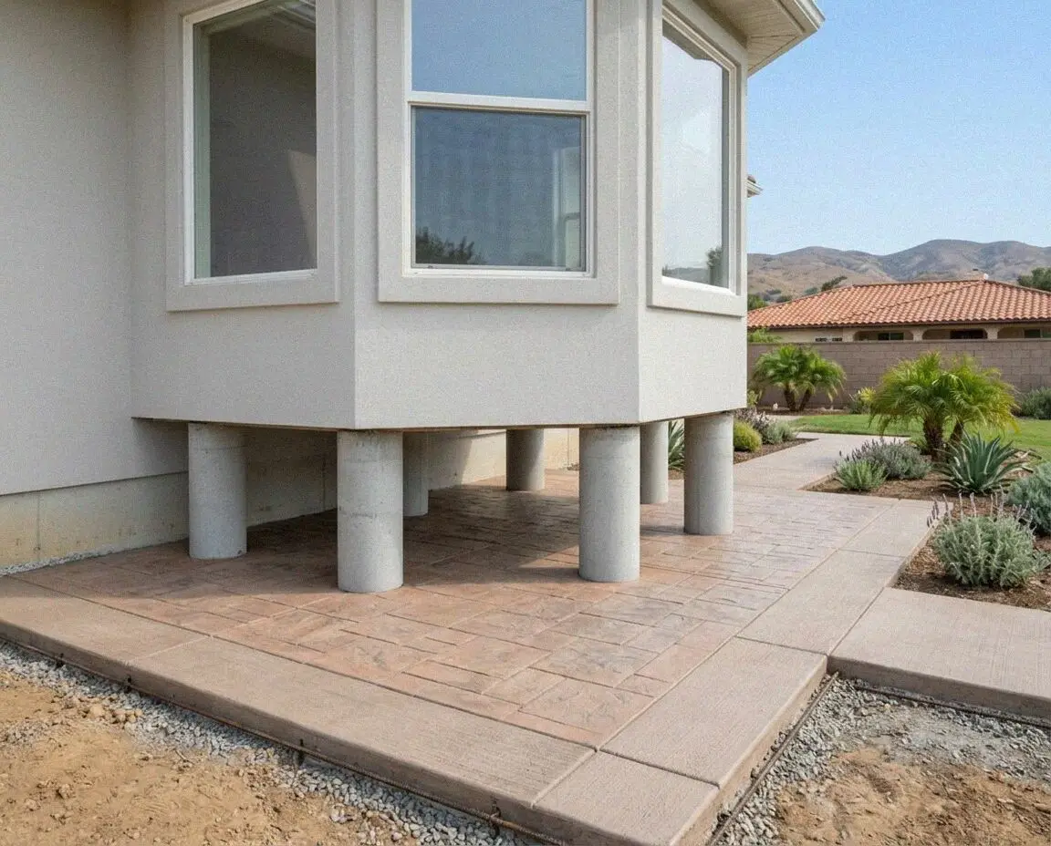 House corner carried on new concrete piers at a Costa Mesa home