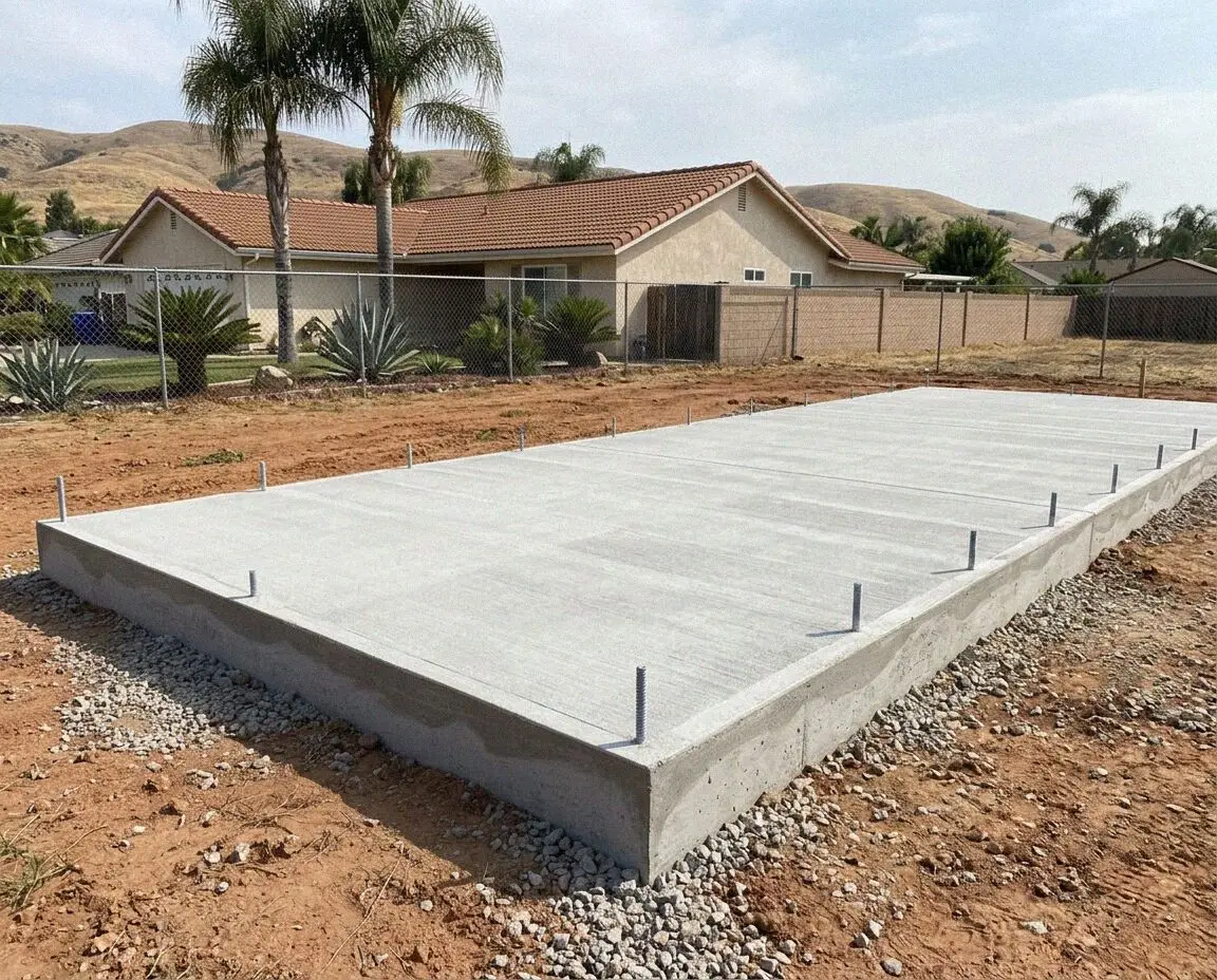 Finished slab foundation with anchor bolts behind a Costa Mesa home